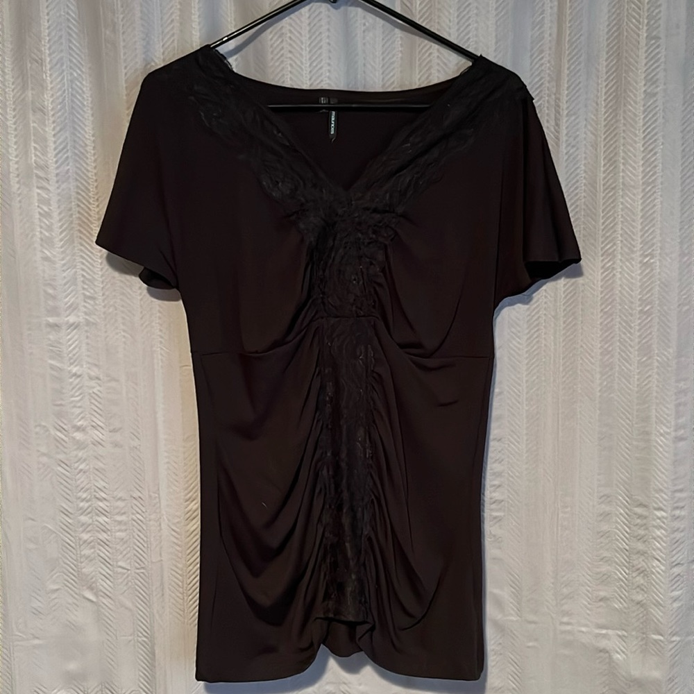 Maurices Black Short Sleeve V-Neck Top with Lace Detail